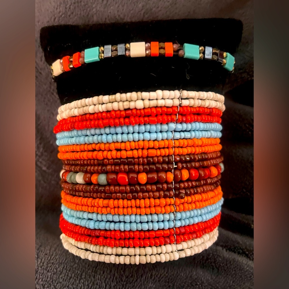 Handmade Miyuki Tila glass tile stretch bracelet, seed bead cuff & earrings